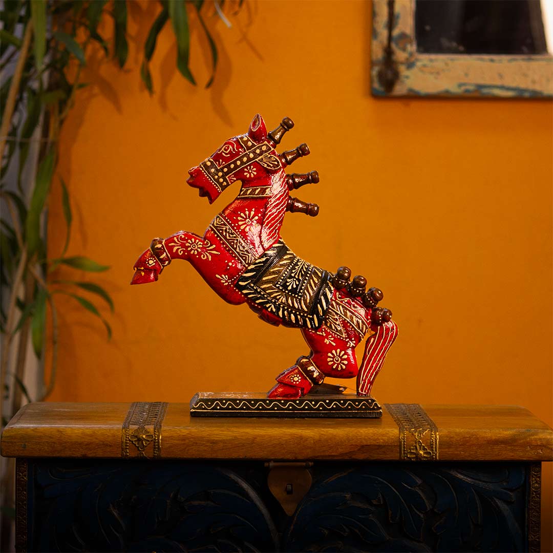 Rustic Painted Wooden Jumping Horse - Red Floral Finish ht 12 inches Rustic Painted Wooden Jumping Horse - Red Floral Finish ht 12 inches